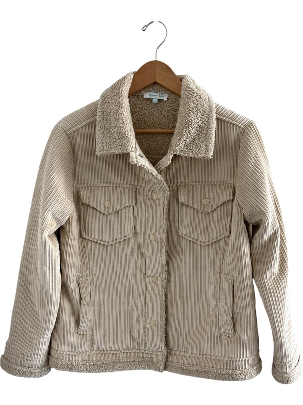 Grace & Lace Beige Corduroy Sherpa -Lined Jacket